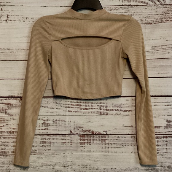 Timing Tops - Timing Tan Ribbed Cutout Crop Top